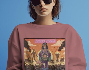 Moletom psicodélico Desert Yogini para o Festival Burning Man, estilo boho, com arte espiritual.