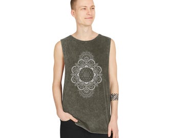 Camiseta sin mangas de yoga con mandala de geometría sagrada, lavado a la piedra, ropa espiritual para festivales alternativos