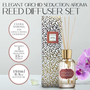 May include: An elegant reed diffuser set with the text "ELEGANT ORCHID SEDUCTION AROMA REED DIFFUSER SET". The set includes a glass bottle with a gold cap, reed sticks, and a decorative box. The bottle contains 180ml of scented oil and the reed sticks are 25cm tall.