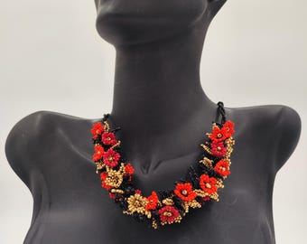 Handmade Red Floral Beaded Statement Necklace, Boho Gift