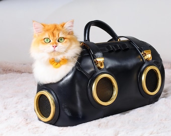 Supernova 01 | Luxury Leather Pet Travel Bag | Fashionable & Elegant Carrier with Gold Accents|   Breathable Mesh Sides | Pet Carrier