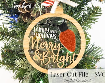 Family Ornament SVG File: Merry & Bright Laser Bauble (Digital Download)