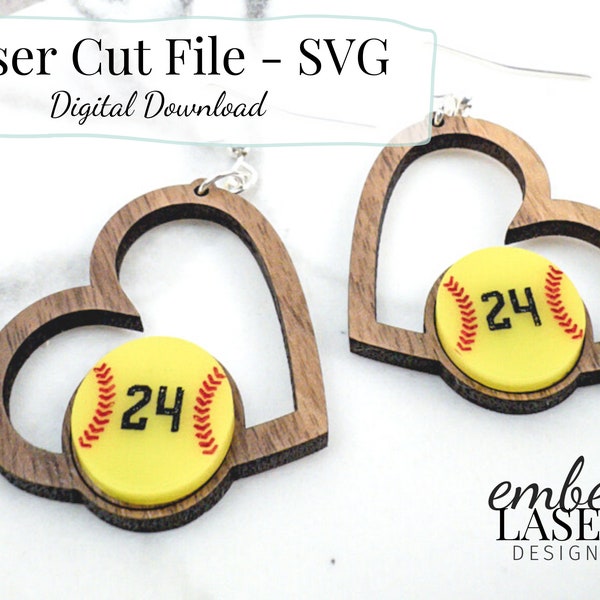 Softball Mom SVG Lasercut File |Softball Heart SVG | Glowforge Earring Files