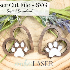 Fichier de boucles d'oreilles en bois empreinte de patte laser SVG, parfait pour une maman chien ou une maman chat