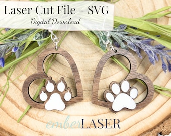 Paw Print Heart Earrings SVG Laser Cut File (Digital Download)