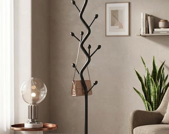 Tree Shaped Coat Rack, Gold Metal, Cast Iron Base, 8 Hooks, Modern Entryway Stand