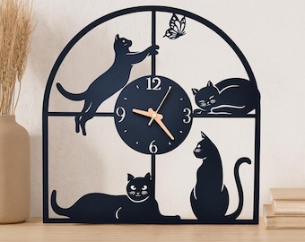 Laser Cut Metal Cat Wall Clock: Minimalist Home Decor