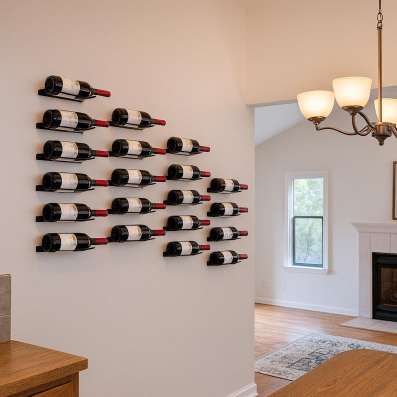 May include: A wall-mounted wine rack displaying numerous wine bottles. The black metal rack holds bottles with red and white labels and red bottle tops. The rack is mounted on a neutral-colored wall, creating a stylish storage solution for wine enthusiasts.