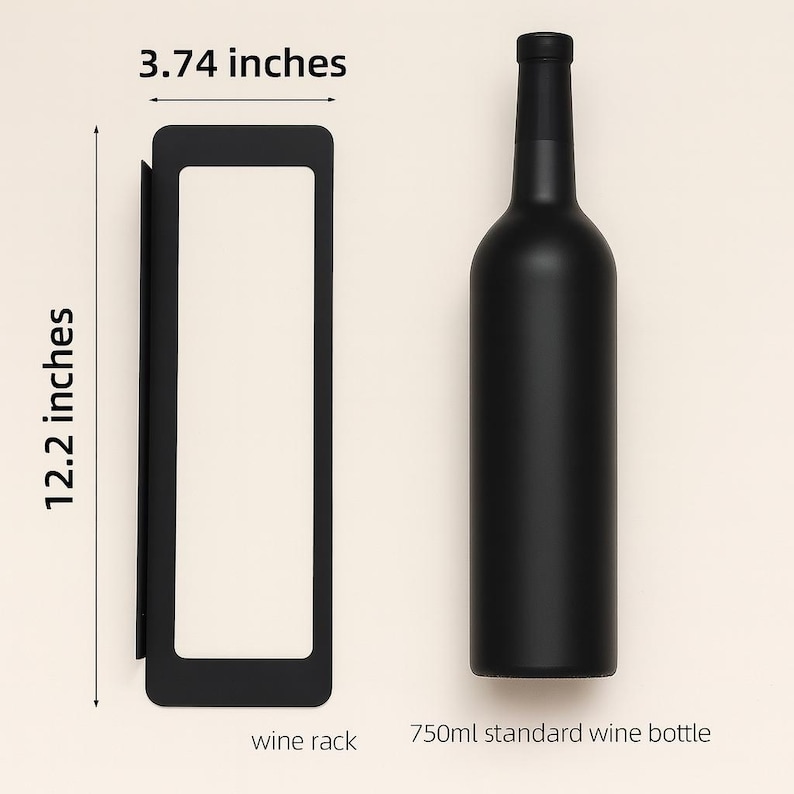 May include: A black wine bottle and a black rectangular wine rack. The wine rack is 3.74 inches wide and 12.2 inches tall. The text "wine rack" and "750ml standard wine bottle" are visible.