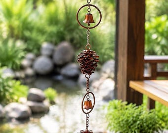 Corrente de chuva em metal com pinhas e sinos, decoração para calha de jardim em tom cobre