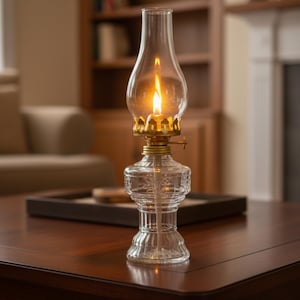 Puede incluir: Una lámpara de aceite de vidrio transparente con una llama encendida, con una parte superior e inferior de color latón. La lámpara está colocada sobre una mesa de madera oscura, con un fondo borroso de una estantería y un sofá. El diseño de la lámpara incluye patrones grabados en el vidrio.