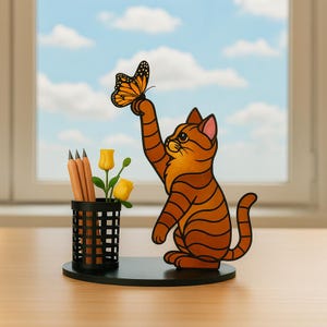 Op de afbeelding: Een grillige bureau-organizer met een cartoonkat die naar een vlinder reikt. De oranje tabbykat heeft zwarte strepen en roze oren. Een zwarte potlodenhouder met potloden en gele rozen staat links. De basis is zwart.