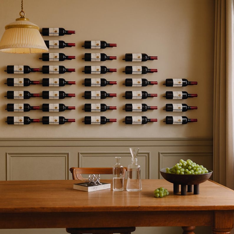 May include: A wall-mounted wine rack displaying numerous wine bottles with red and white labels. The bottles are arranged in a staggered pattern. A wooden table with a bowl of green grapes and glassware is in the foreground.