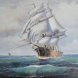 Vintage Sailboat Print, Nautical Seascape Art, Ship on Stormy Sea Painting Reproduction, Gold Framed Maritime Wall Decor