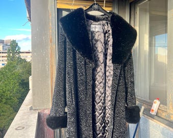 Vintage Astrakhan Fur Coat: Mink Collar, 1970s Yugoslavian Black Karakul - XXL