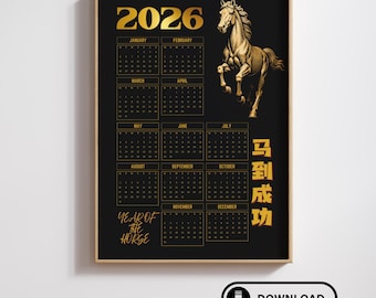 Väggkalender för hästens år 2026 | Gyllene Feng Shui-konst (digital nedladdning)