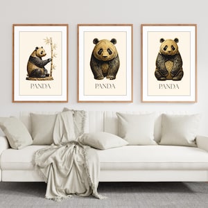 Panda Posters Set of 3 | Golden Panda Prints | Printable Art Collection |Digital Download