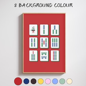 Puede incluir: Una impresión enmarcada con nueve fichas de Mahjong sobre un fondo rojo. Las fichas blancas muestran símbolos y números en verde, azul y rojo. El texto "8 BACKGROUND COLOUR" está en la parte superior. Una paleta de colores está en la parte inferior.