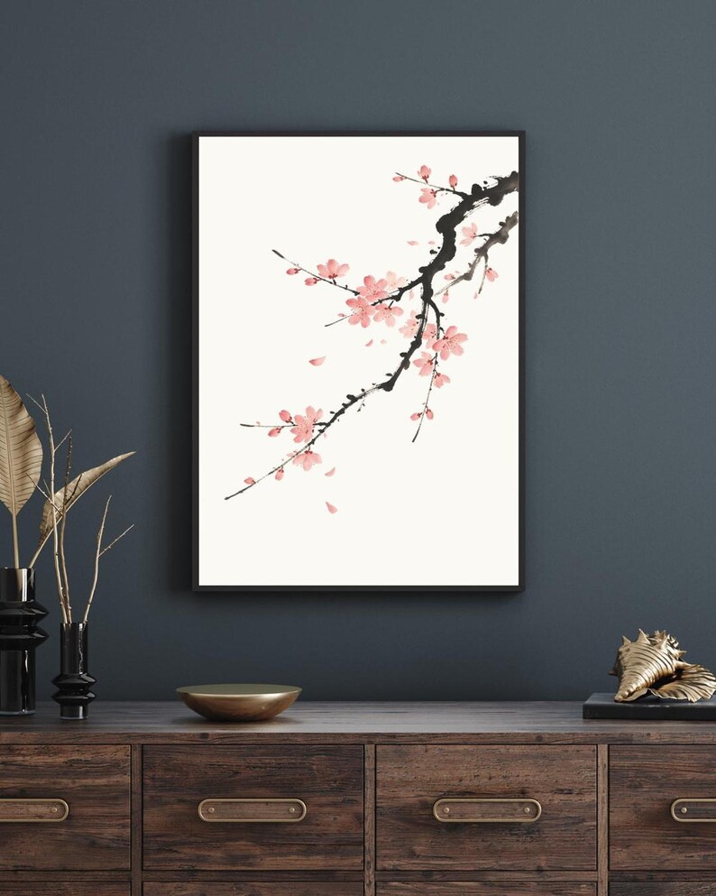 Cherry Blossom Art | Japanese Sumi-e Sakura Print in Pink and Black - Etsy