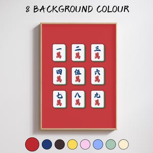 May include: A framed print featuring nine Mahjong tiles with Chinese characters on a red background. The text "8 BACKGROUND COLOUR" is above the frame. A color palette of eight different colors is shown below the frame.