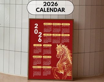 Hästkalender 2026 | Kinesisk zodiak rödguld väggkonst (digital nedladdning)