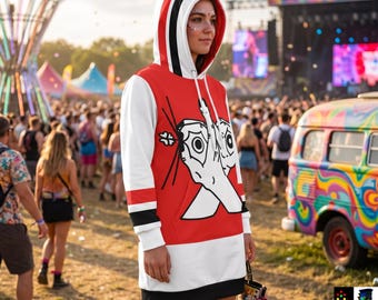 Psychedelic Artwork Hooded Dress | Eccentric Ravewear & Festival Outfit | Spiritual Awakening Hoodie Women | Graphic Print Rave Clothes
