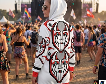 Vestido con capucha de diseño psicodélico personalizado para mujer / Ropa rave con estampado de hongos excéntricos / Atuendos rave de despertar espiritual / Ropa con texto personalizado