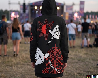 Psychedelic Ravewear Hooded Dress | Eccentric Shrooms Art Hoodie Women & Men | Spiritual Awakening Rave Clothes | Oversized Graphic Dress