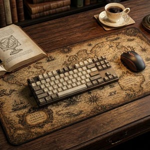 May include: A vintage-style desk setup featuring a world map mousepad, a mechanical keyboard, and a computer mouse. An open book, a cup of coffee, and a desk lamp are also on the desk. The desk is made of dark wood, and a bookshelf is in the background.