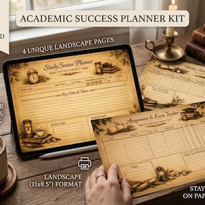 May include: An academic success planner kit featuring four unique landscape pages with a vintage aesthetic. The digital planner displays a study session planner on a tablet screen and an assignment and exam tracker on paper, both in 11x8.5 inch format.