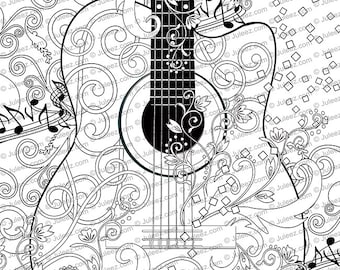 Adult Coloring Page Printable Guitar Poster Instant Download By Juleez