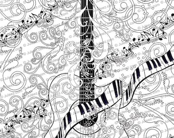 Coloring Poster, Printable Guitar Coloring Poster, Instant Download Coloring Poster, guitar coloring art, guitar art, music poster, coloring