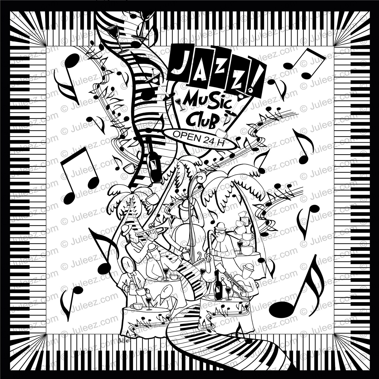 Set of 3 Music Art Printable Jazz Cafe Art Music Coloring - Etsy