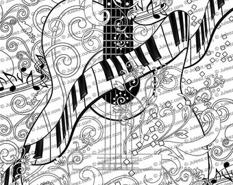 Coloring Poster, Printable Guitar, Coloring Page, Piano Coloring Poster by Juleez