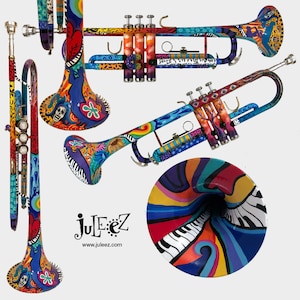 Hand Painted Trumpet, Painted Trumpet, Music Art, Trumpet Art, Music Decor, Trumpet Gifts, Custom Trumpet, Trumpet Sculpture, Music, Juleez
