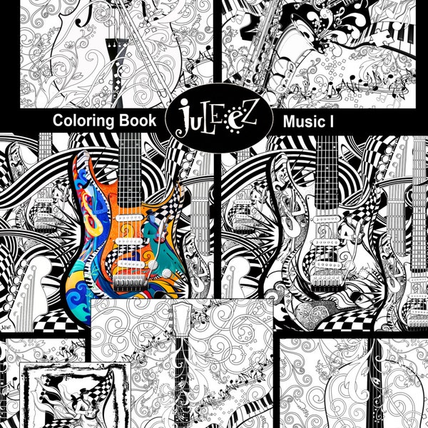 10 Pack Coloring Posters, Coloring Pages, Set of 10 Music Art Coloring Posters, Instant Download by Juleez, music poster, guitar poster