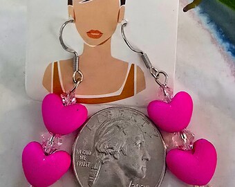 Hot Pink Heart Dangle Earrings with Blush Crystals | Handmade Romantic Jewelry (E)