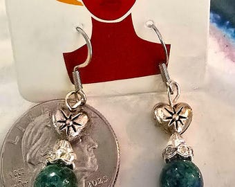 Blue Green Beaded Earrings with Heart Charm Dangle Earrings (J)
