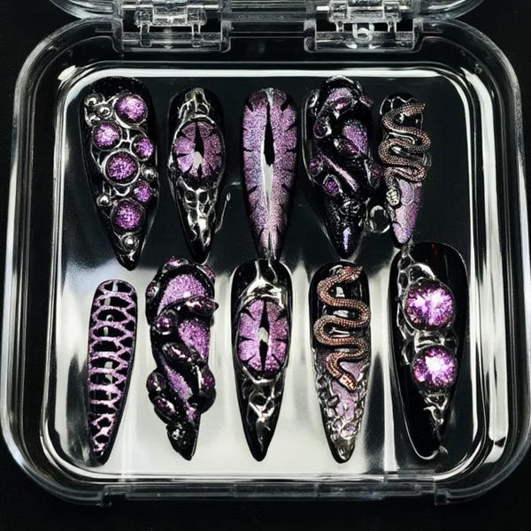Gothic Schlange Press On Nägel - Lila Katzenauge Drachenkralle Stiletto Set