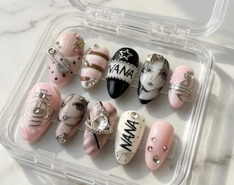 Y2K NaNa Inspired Press On Nails, Girl Illustration Nails, Nana Handmade Set, Retro Manga Press on Nails,