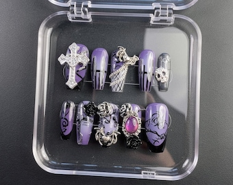 Beelzebub Inspired Gothic Press On Nails, Dark Fantasy Purple Black Nails, Gothic Cross Rose 3D Handmade Coffin Nails, Alternative Goth Set