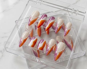 Lesbian Pride Flag Press On Nails, Abstract Swirl Pearl Nails, LGBTQ+ Handmade Almond Press On Nails, Summer Pride Manicure