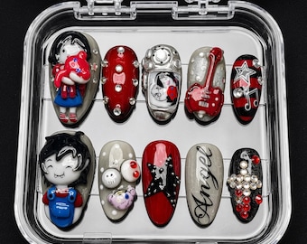 Marceline The Vampire Queen Press On Nails | Adventure Time Inspired Fake Nails | 3D Gothic Punk  Nails | Alt Grunge Vampire Nail Art
