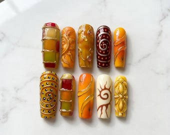 Boho Sun Summer Press On Nails, Retro 70s Nail Set, Earthy Orange Brown Nails, Abstract Swirl Press Ons, Groovy Handmade Gel Nails