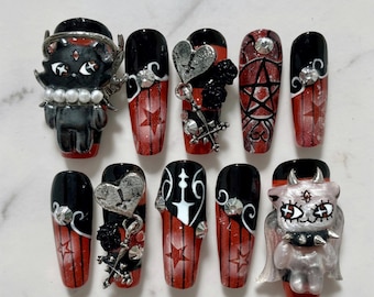 Teufel Kitty Drücken Sie auf die Nägel, Gothic Katzennägel, Y2K Punk Kawaii Nägel, Rot Schwarz Anime Nagelset, 3D Kitty Nägel, Alt Girl Press Ons