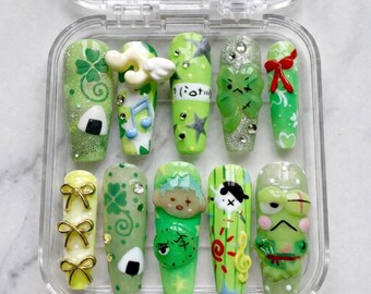 Y2K Anime Inspired Green Press On Nails | Kawaii Three Swords Inspired Nails | Santoryu Style Nails | 3D Cute Character Nails