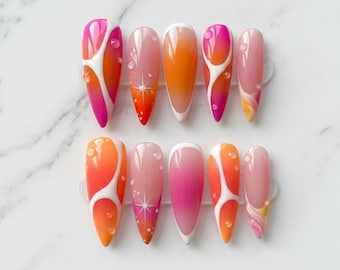 Sunset Gradient Press On Nails | Pink Orange Jelly Nails | Y2K Summer Nails | Abstract Swirl French Tip | Handmade Fake Nails
