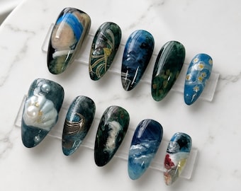 Fine Art Press On Nails, Botanical Painting Nails, Blue Landscape Nails, Handmade Artistic Nails, Museum Inspired Set