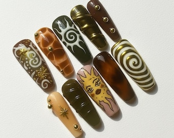 Y2K Sun Goddess Press On Nails: Witchy Brown Gold, Retro Spiral Nail Art