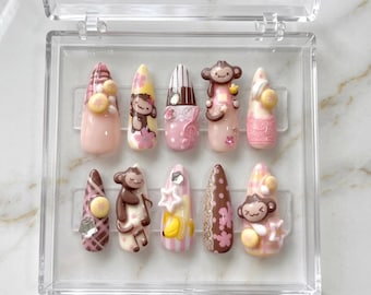 Kawaii Monkey Press On Nails, Cute 3D Animal Nails, Coquette Pink Brown Nails, Japanese Harajuku Nails, Handmade Acrylic Press Ons